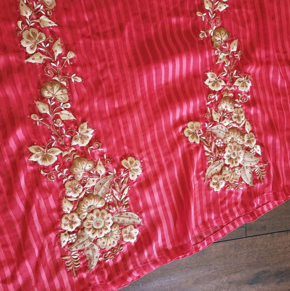 Embroidered Salwar Kameez Dupatta Long Scarf Red Gold Chiffon Party Wear Dress - Picture 9 of 16